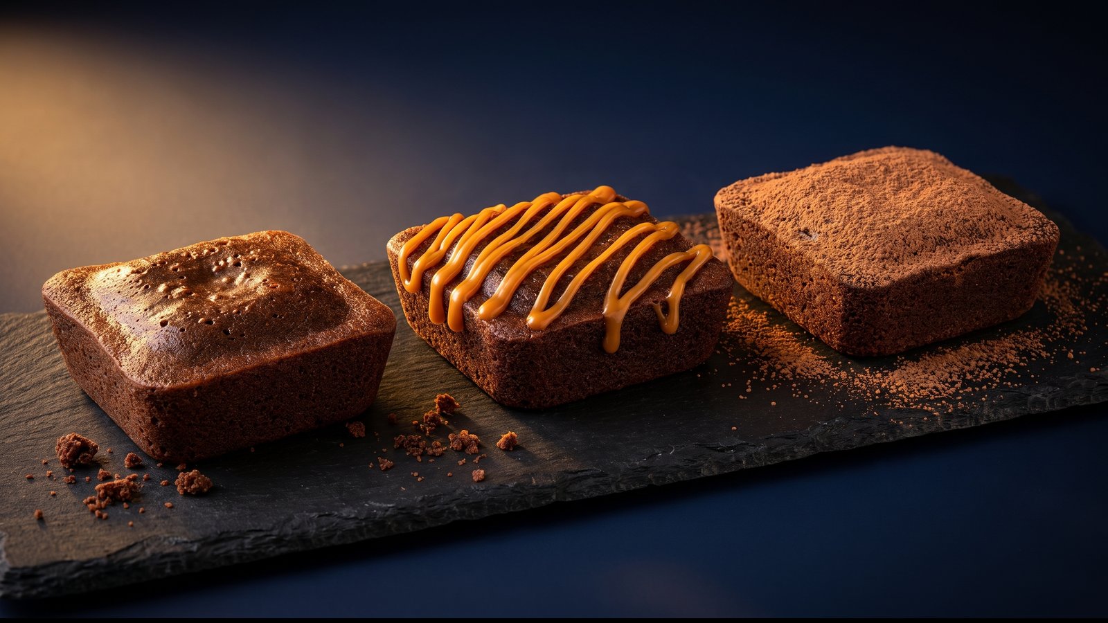 Brownie clásico, de arequipe y de Milo de melt sobre pizarra